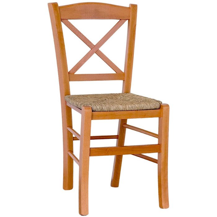 Silla de comedor de madera de cerezo con cruz veneciana y asiento de paja