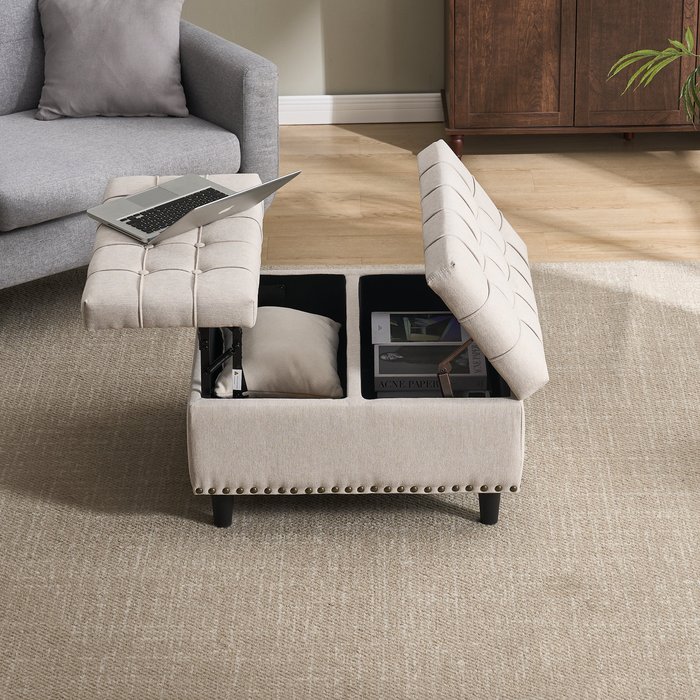 Banco con cofre 75x75x41 cm, asiento abatible por ambos lados, lino beige