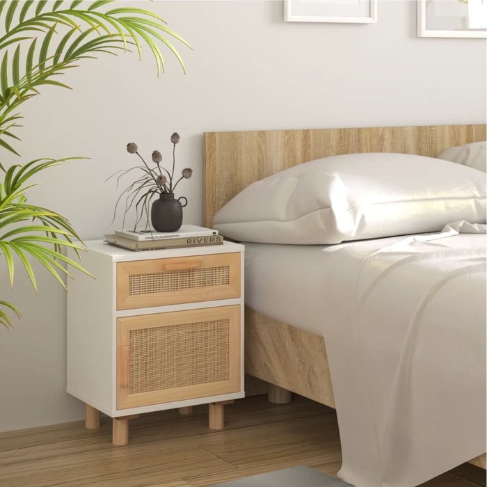 Mesita de noche madera maciza pino blanca y ratán natural - comfortxl