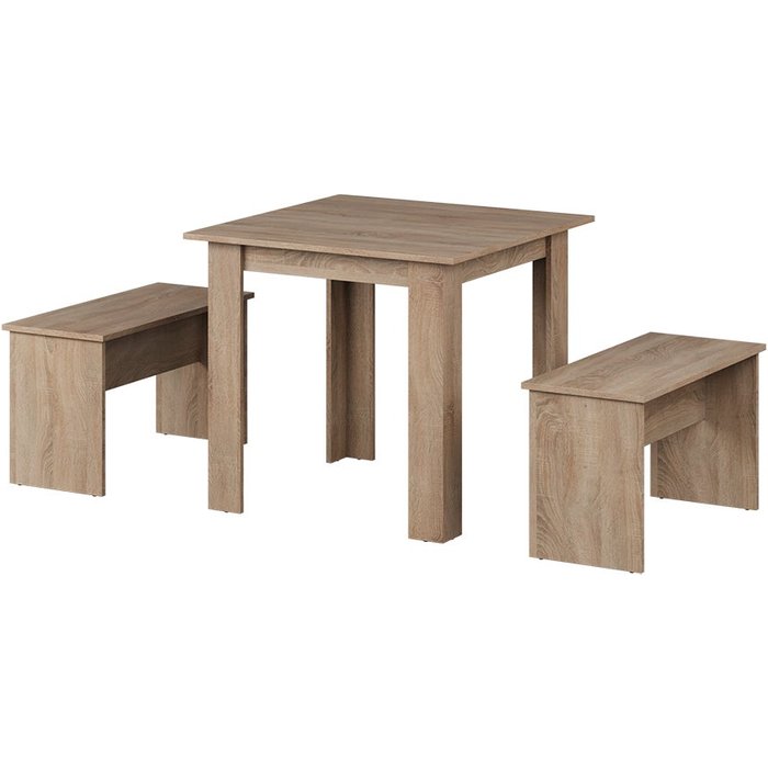 Vicco set de mesa de comedor sentio, sonoma, 80 x 80 cm con 2 bancos
