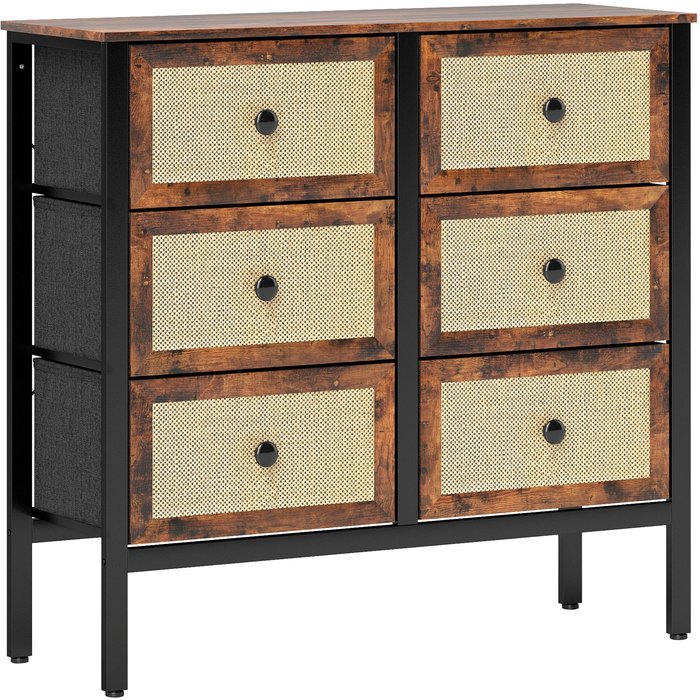 Cómoda 6 cajones tela y mimbre 88x30x83cm marrón rústico - mueble almacenaje