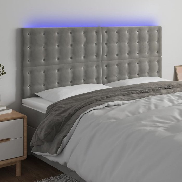 Cabecero con luces led terciopelo gris claro 200x5x118/128 cm