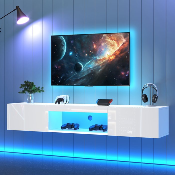 Mueble tv de pared 160x31x22 cm, led bluetooth, 2 puertas, blanco