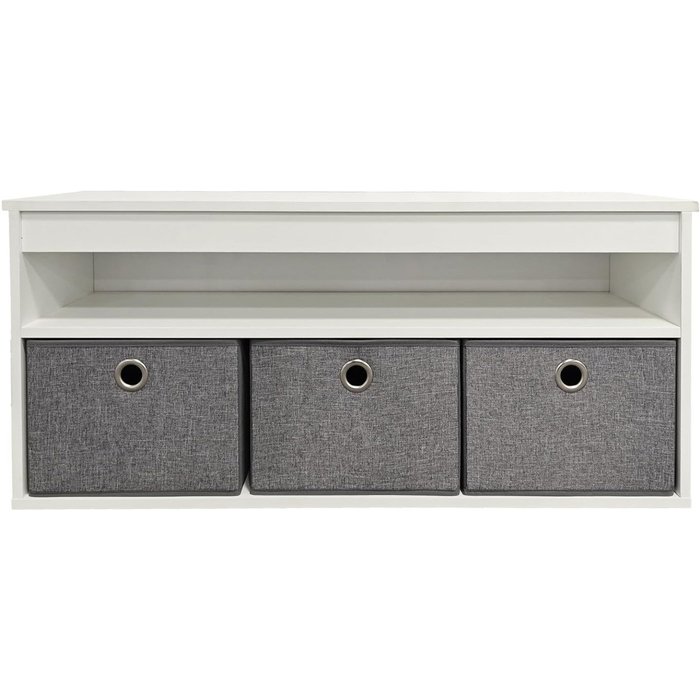 Banco de entrada con 1 estante y 3 cofres madera blanca 102x30x45cm