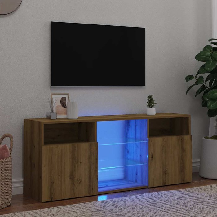 Mueble tv luces led madera ingeniería roble artisan 120x30x50cm