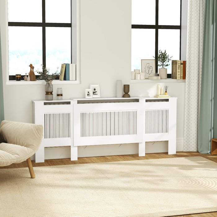 Cubre radiador extensible con estante, listones, 125-201 x 19 x 81,5 cm, blanco