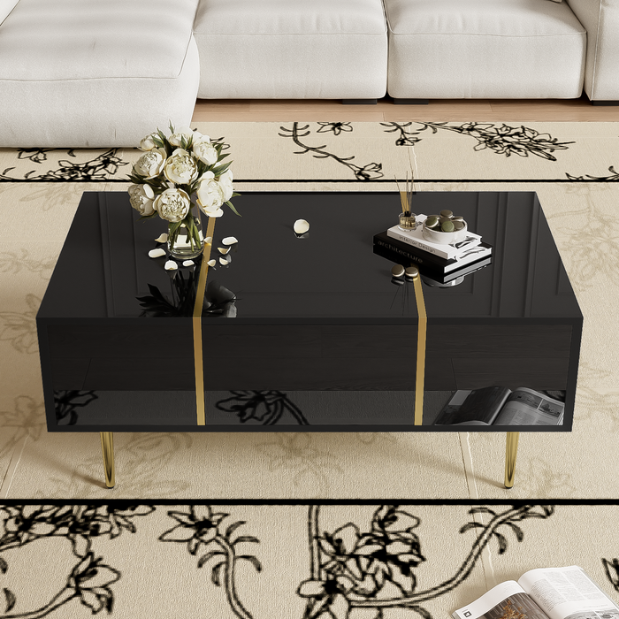 Mesa de centro brillante con 2 cajones, 100 x 60 x 41,5 cm, mdf, negro