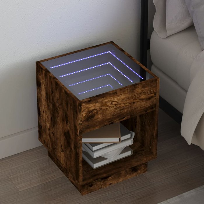 Mesita de noche con led infinito, roble marrón, 40x40x50 cm - pangivo