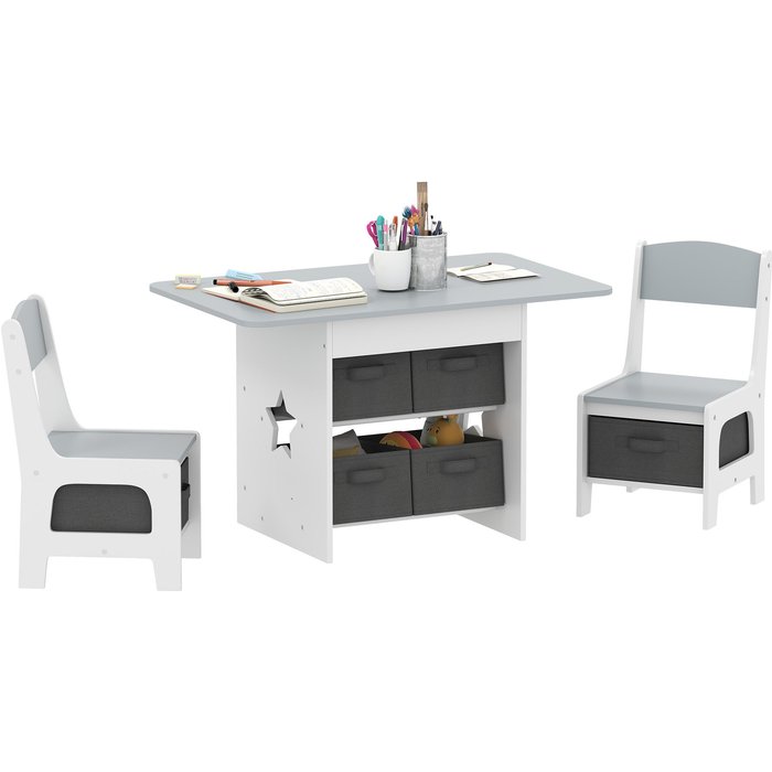 Mesa infantil con 2 sillas y 6 cajones - gris y blanco - para niños 3-8 años