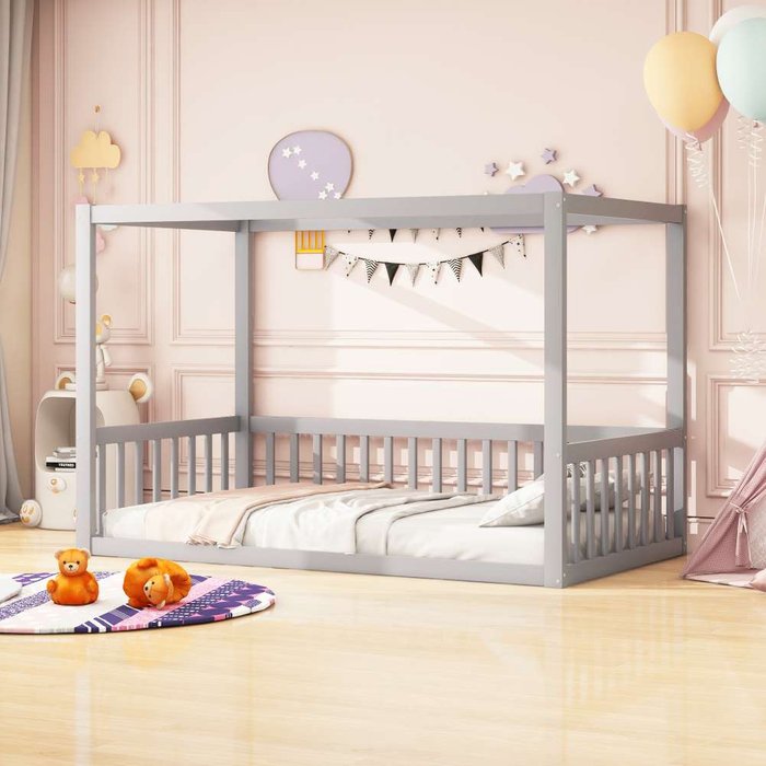 Cama baja infantil 90x200 cm madera maciza con dosel segura y resistente
