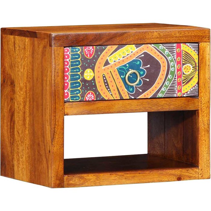 Mesita de noche marrón de 40 x 35 x 35 cm, de madera maciza de acacia.