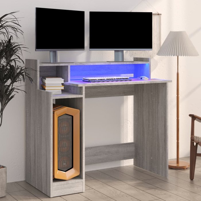 Escritorio y luces led sonoma gris 97x45x90cm madera contrachapada