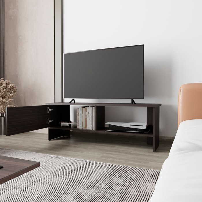 Angus mueble de tv con puerta y espacio abierto de almacenamiento