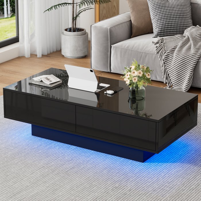 Mesa de centro 115x55x34 cm – acabado alto brillo – 2 cajones – negro