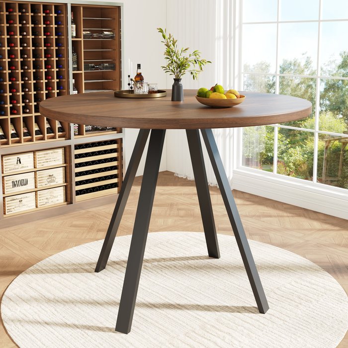 Mesa redonda de comedor/cocina 80x75 cm, de mdf y metal, color negro y marrón