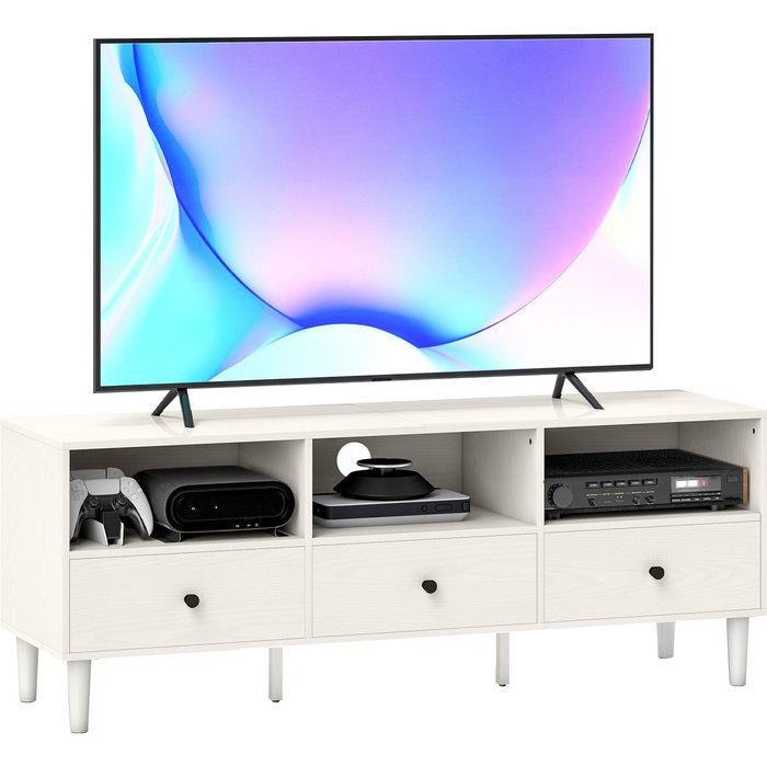 Mueble tv blanco 120cm 3 cajones 3 compartimentos para tv hasta 65 soporte 50kg