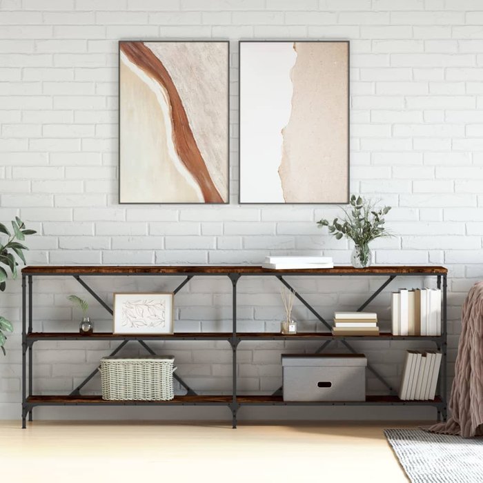 Mesa consola roble ahumado 200x30x75 cm madera contrachapada y hierro