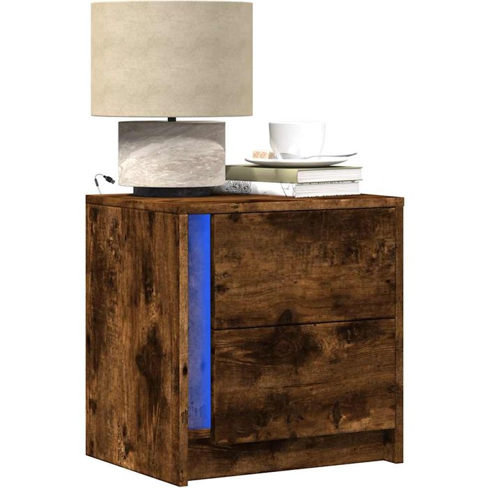 Mesita de noche luces led 2 uds madera ingeniería roble ahumado