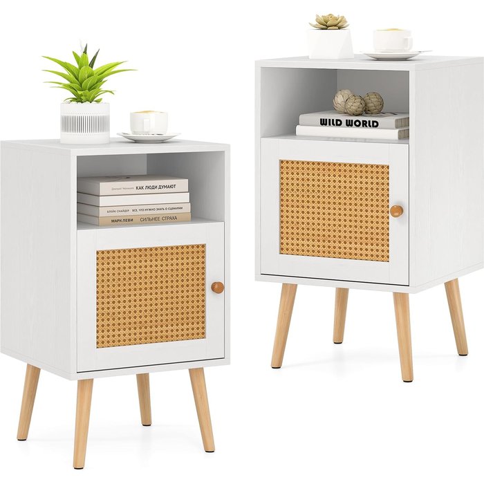 Juego de 2 mesillas de noche con puerta de ratán,, 40 x 39 x 70 cm, blanco