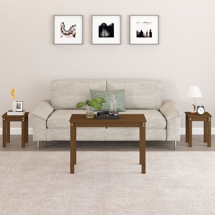 Mesas nido 3 piezas marrón miel madera maciza de pino