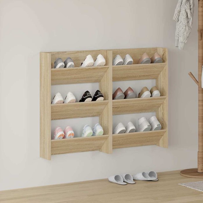 Zapateros de pared, 2 unidades, acabado roble, 60x18x90 cm, aglomerado.