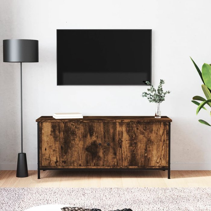 Mueble de tv con puertas de roble ahumado, 102x35x45 cm, madera de ingeniería