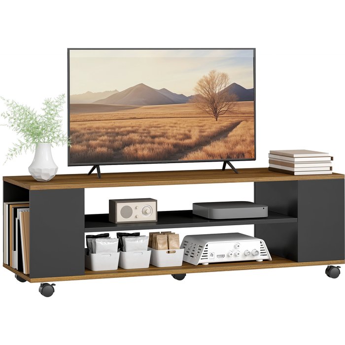 Mueble tv con ruedas 120cm negro nogal - 2 puertas 2 estantes hasta 55 pulgadas