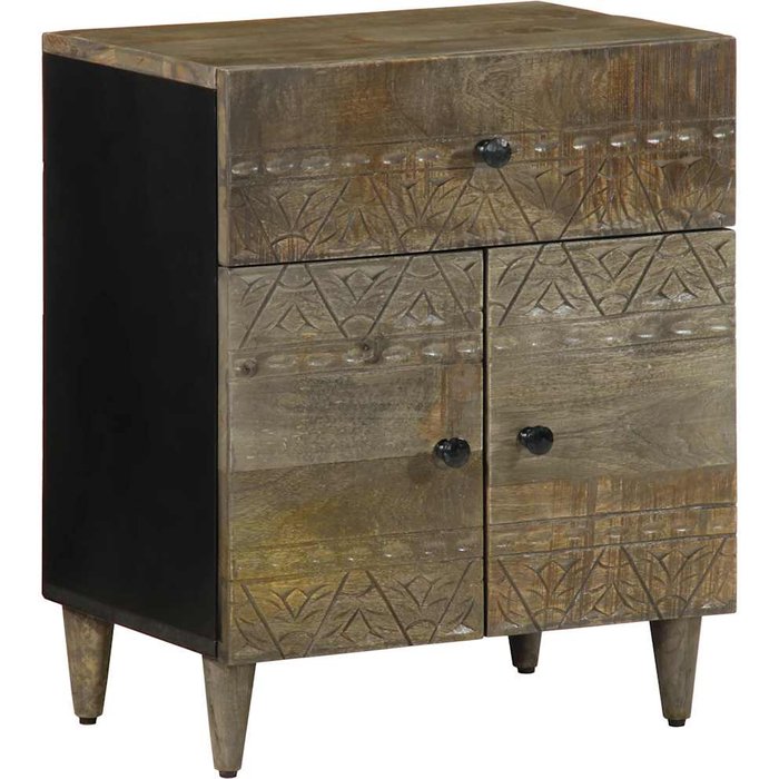 Mesita de noche gris claro de 50x33x60 cm, madera maciza de mango.