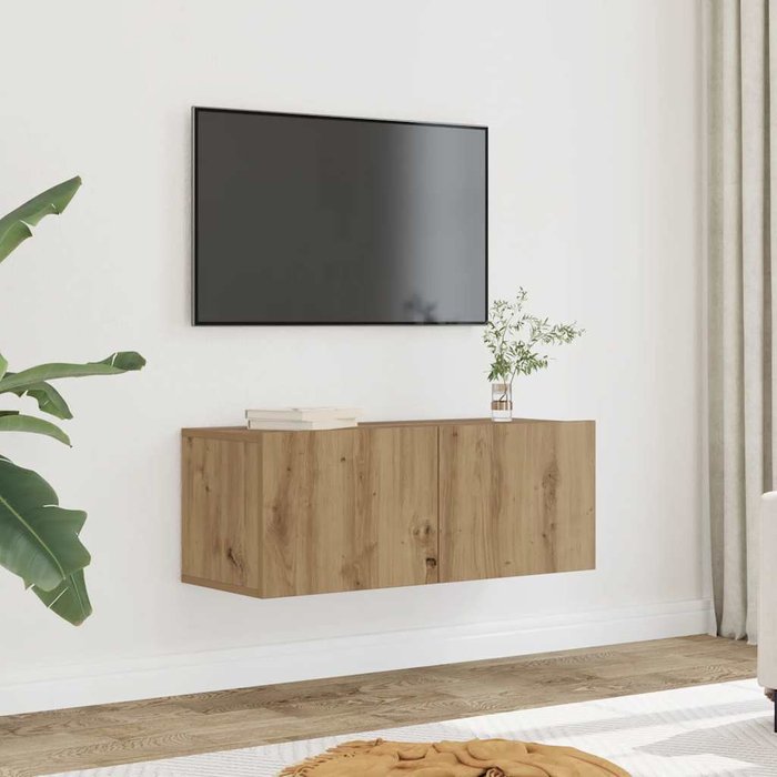 Mueble de tv de pared de 2 piezas en roble trabajado a mano, 80x30x30 cm