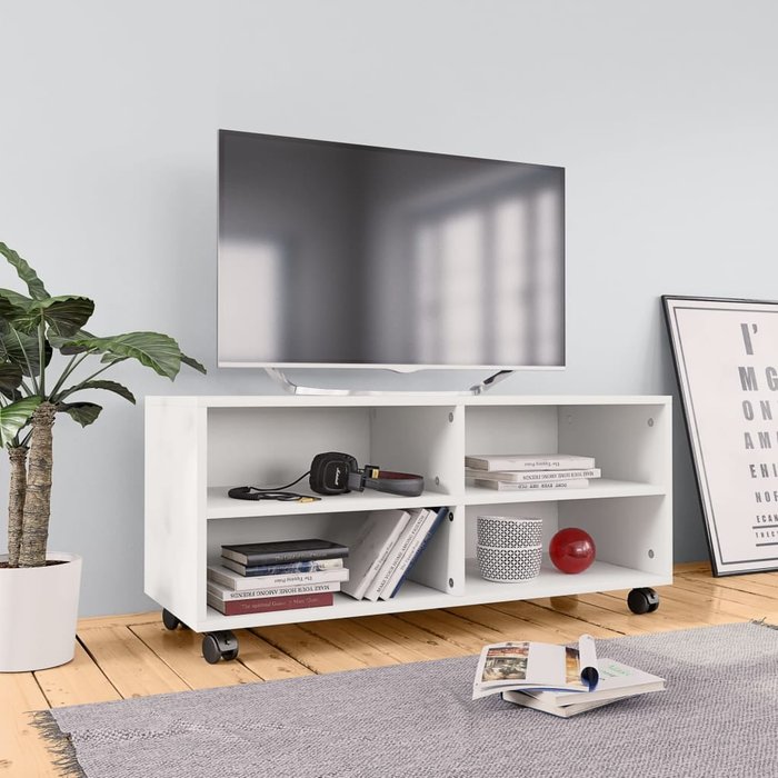 Mueble de tv con ruedas, blanco, 90x35x35 cm, madera de ingeniería