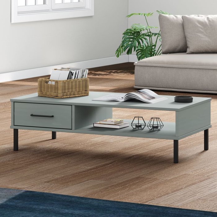 Mesa de centro con patas de metal gris madera maciza de pino oslo