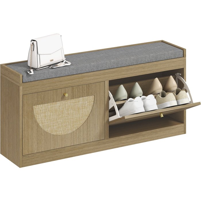 Banco zapatero bohemio con asiento acolchado 105cm madera natural 8 pares