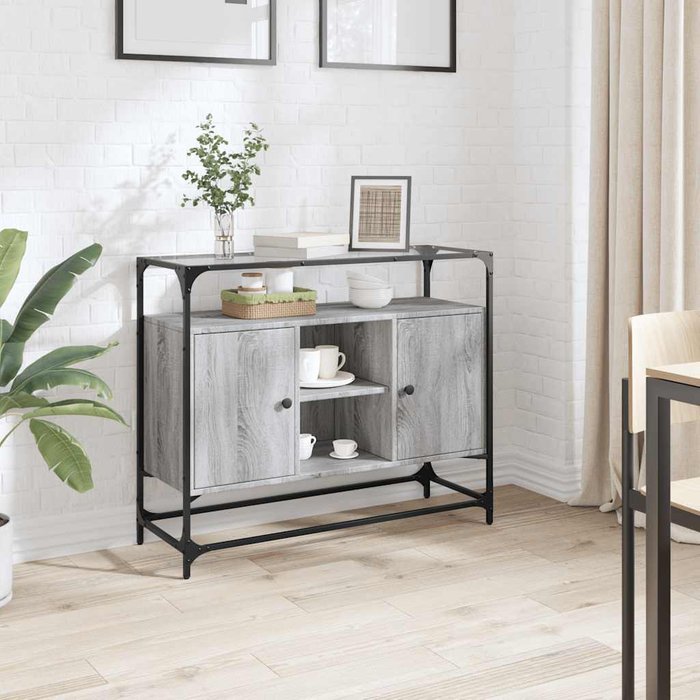 Aparador con tapa de cristal sonoma gris y acabado de madera de ingeniería.