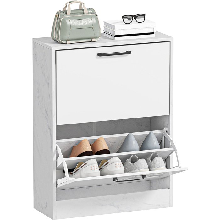 Zapatero estrecho 2 puertas alto brillo mármol 8 pares 60x24x80cm blanco