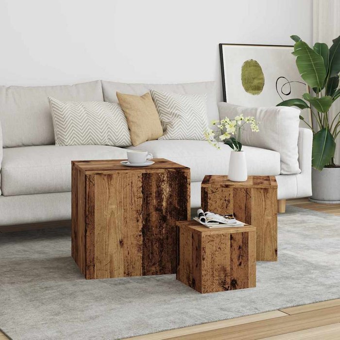 Mesitas auxiliares de 3 piezas, madera reciclada, madera de ingeniería.