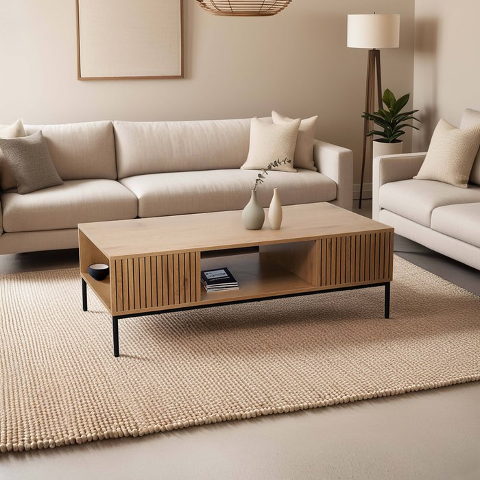 Mesa de centro de acero y mdf con decoración en melamina 120 cm beige