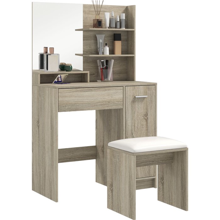 Tocador maquillaje con banco y espejo - mesa madera beige 80x40x132cm