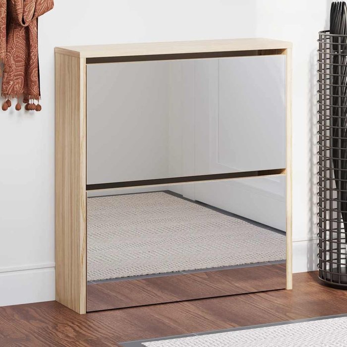 Zapatero de dos niveles con espejo, 63x17x67 cm, roble