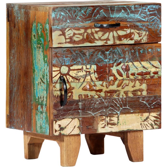 Mesita de noche tallada a mano madera reciclada 40x30x50 cm