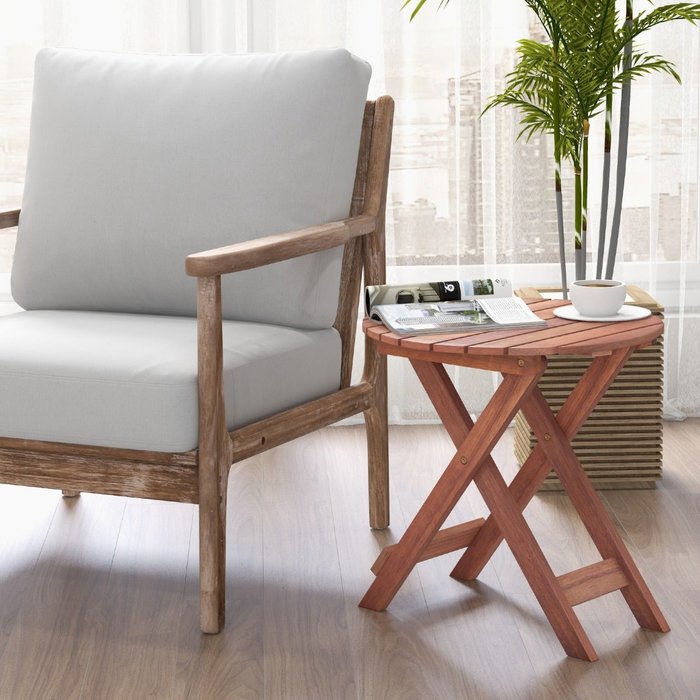 Mesa redonda auxiliar de madera plegable con asa de elevación para hogar natural