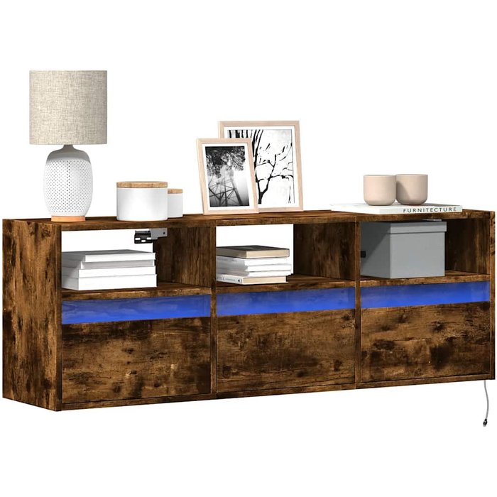 Mueble de tv de pared con luces led roble ahumado 130x31x45 cm vidaxl