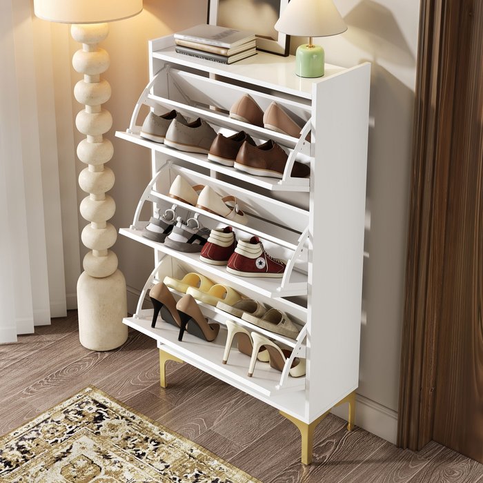 Zapatero moderno minimalista de tres niveles con patas doradas mdf blanco