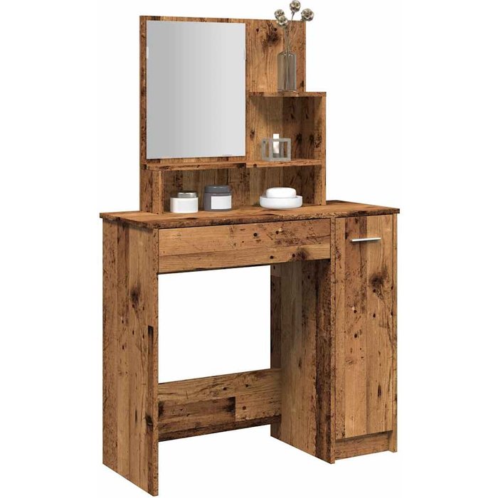 Tocador con espejo, madera envejecida, 86,5 x 35 x 136 cm