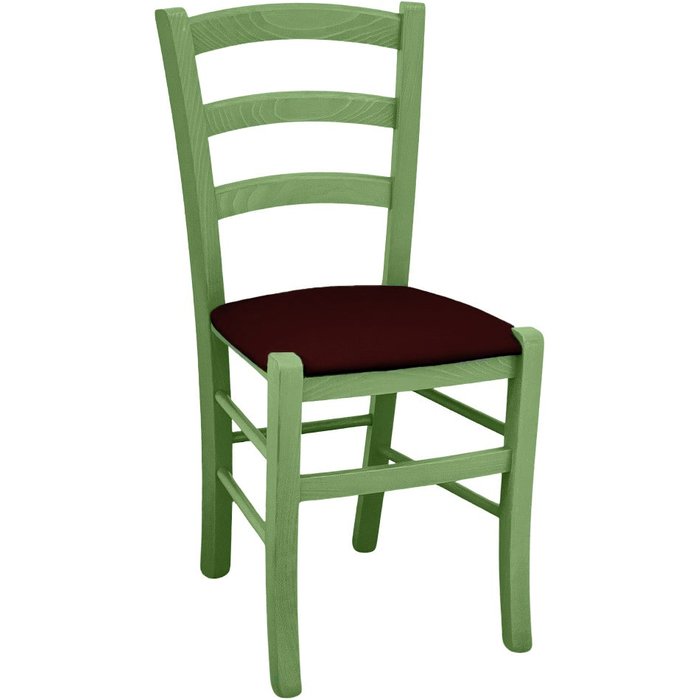 Silla venezia de madera verde con asiento de piel sintética marrón