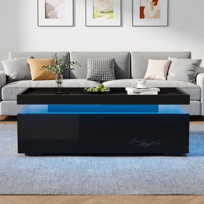 Mesa de centro con iluminación led/2 cajones, 95x45x35 cm, aglomerado, negro