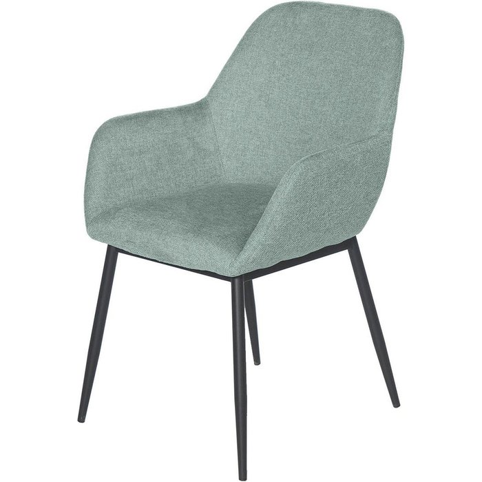 Silla akola tapizada color menta con reposabrazos y patas negras.