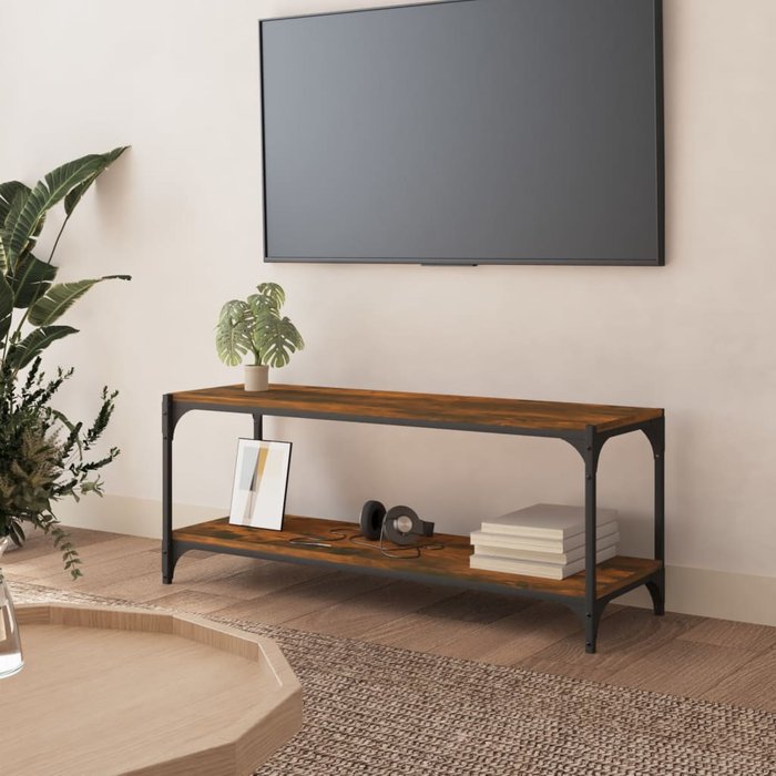 Mueble de tv de roble ahumado, 100x33x41 cm, madera de ingeniería y acero