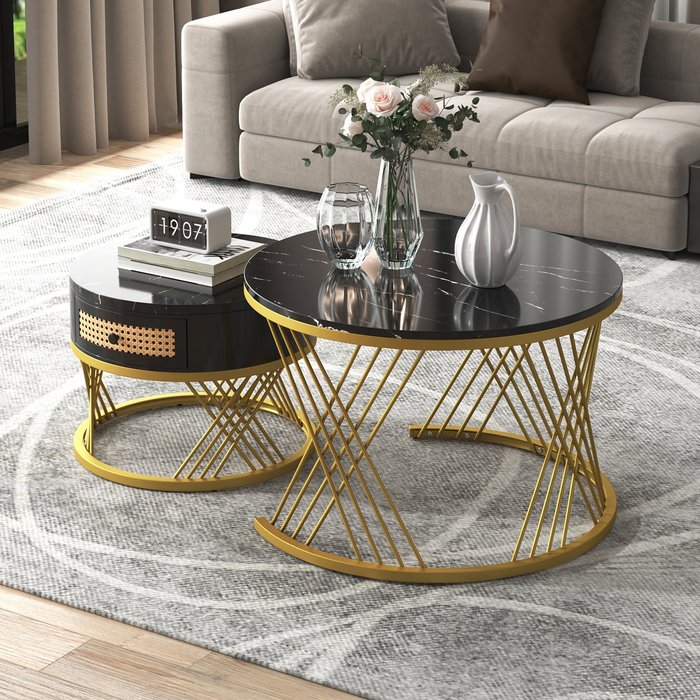 Juego de 2 mesas de centro nido - tapa efecto mármol - negro