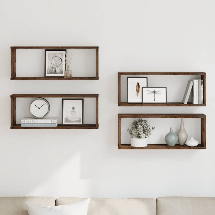 Estantes de pared cúbicos, 4 piezas, roble ahumado, 60x15x23 cm, madera
