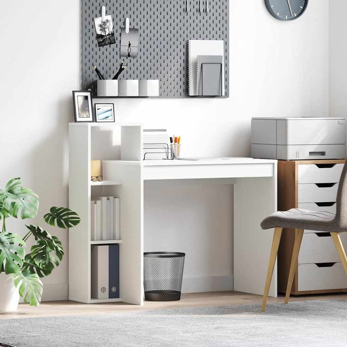 Escritorio con estante, blanco, 100 x 40 x 90 cm, madera de ingeniería.